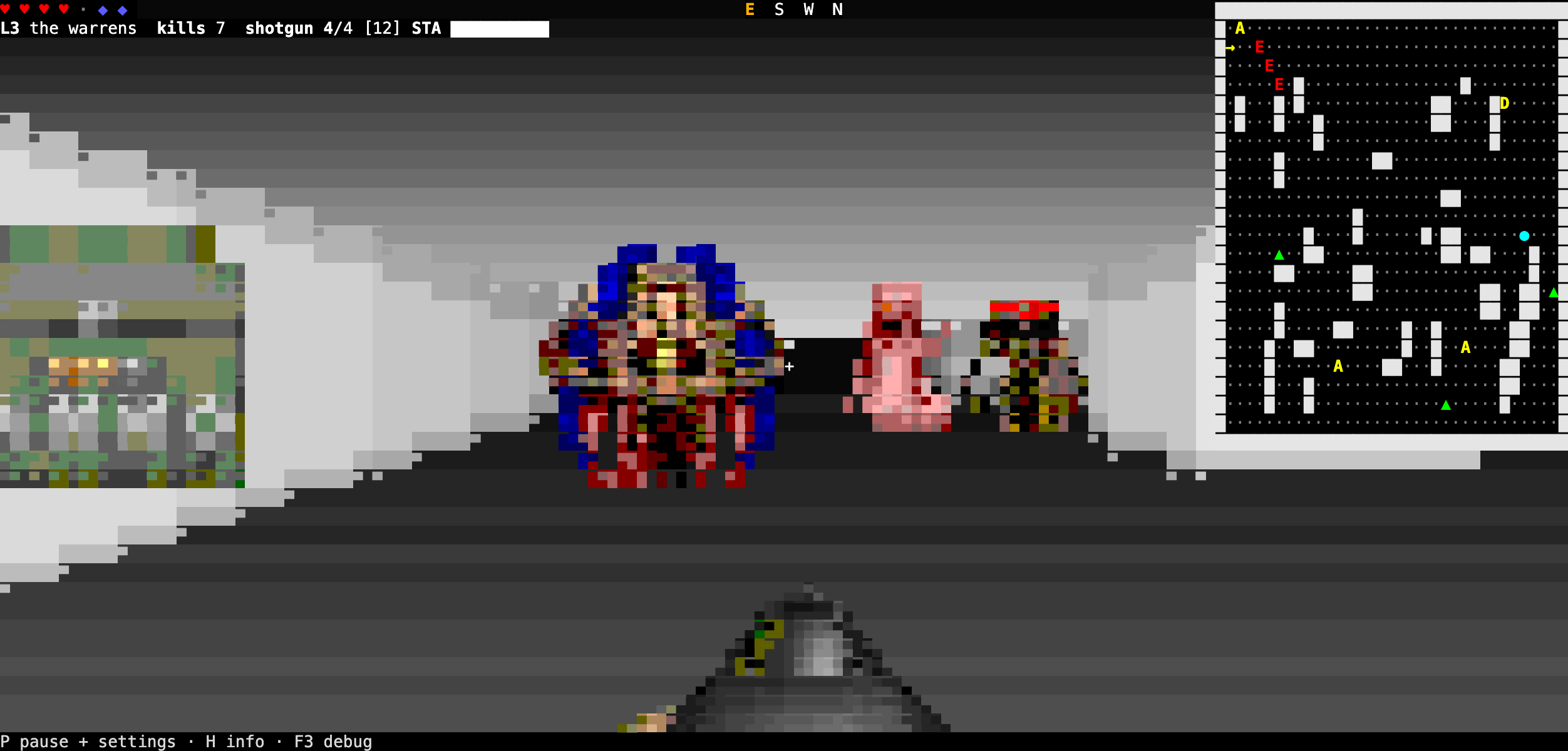 phel-doom gameplay: ANSI raycast corridor with Freedoom cacodemon, demon and imp sprites, shotgun in hand, heart HUD and live minimap